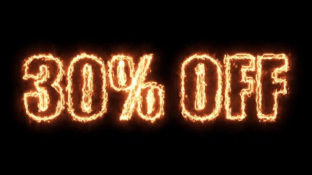 30 percent off burning text in hot fire on black background in 4k ultra hd