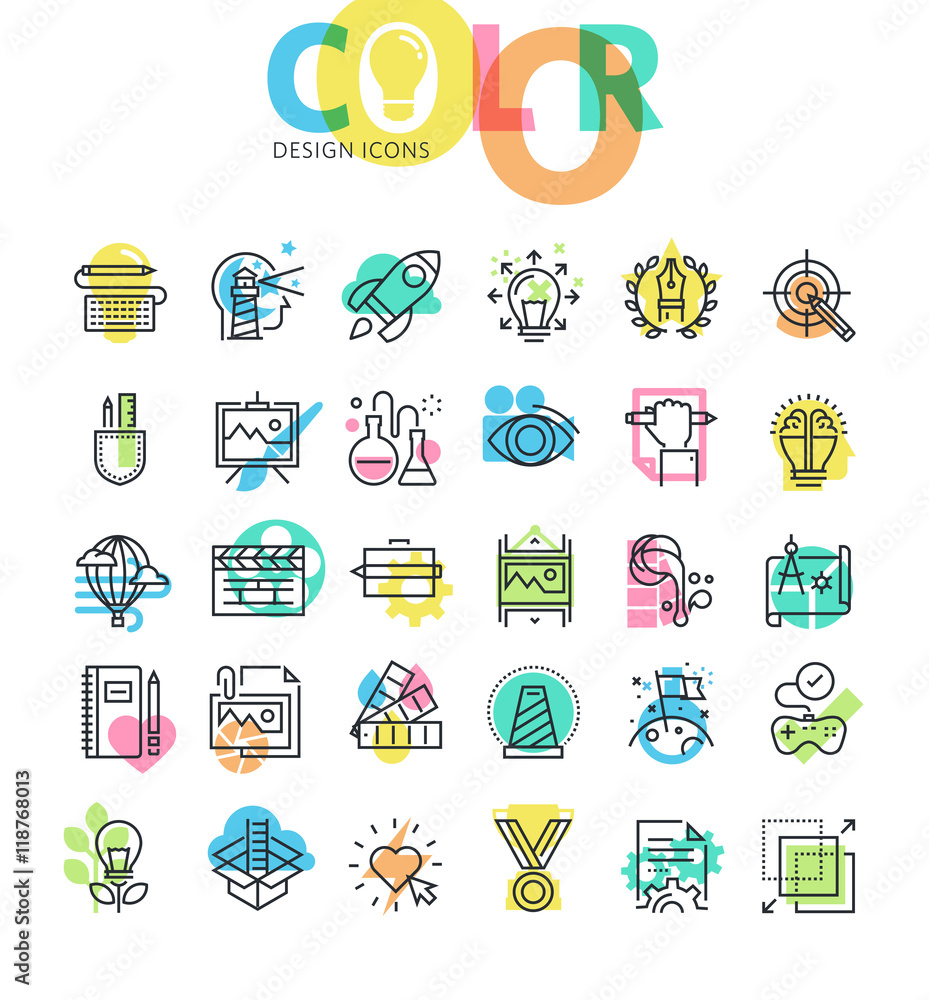 Poster flat line icons set of graphic design and product development process, media technology. modern desi