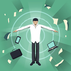 Business theme illustration. Young businessman feels power inside.