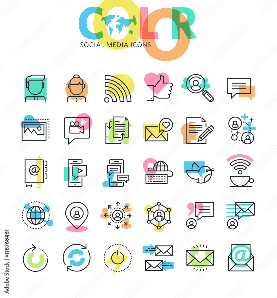Poster flat line icons set of social media, networking, internet communication. modern design icons for web
