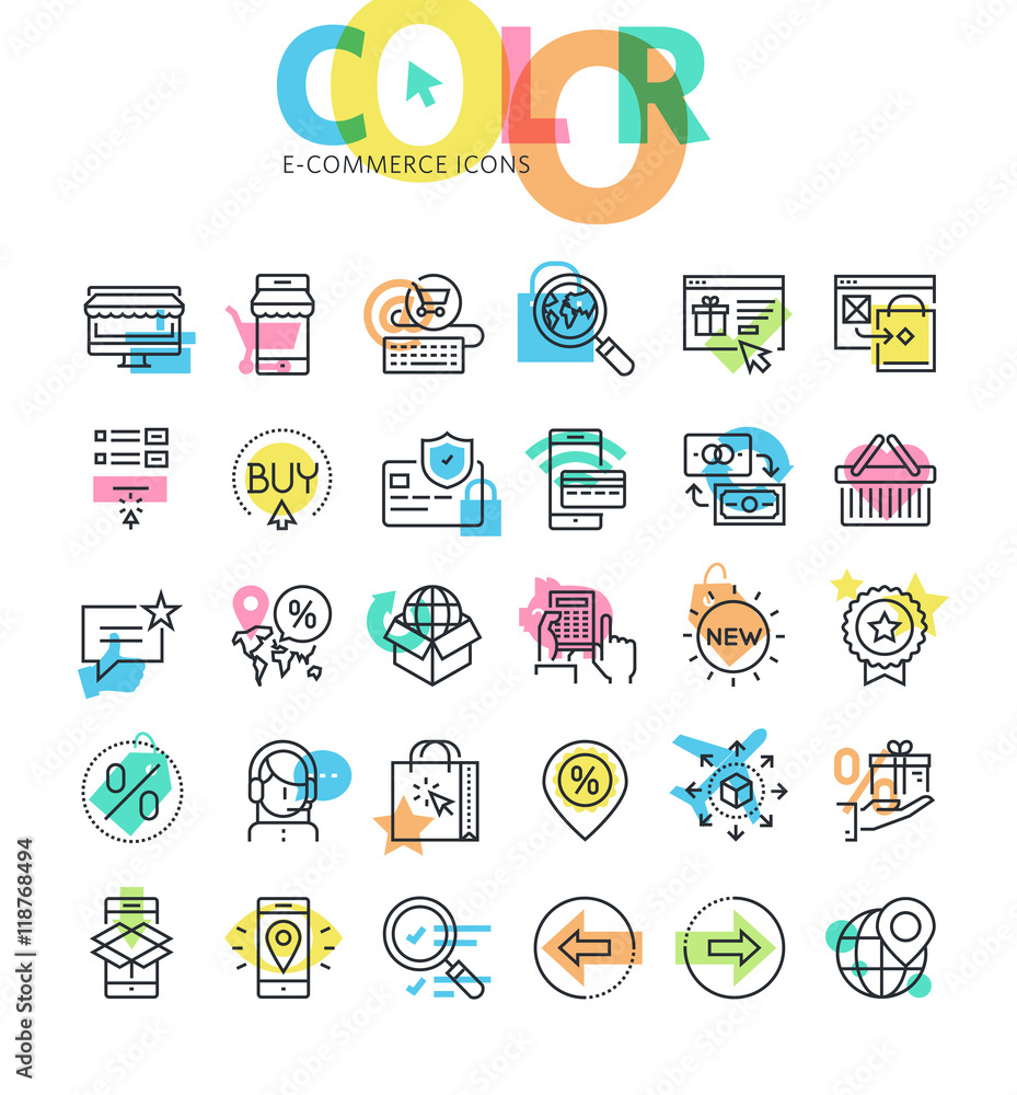Poster flat line icons set of e-commerce, online sale. modern design icons for web and app design and devel
