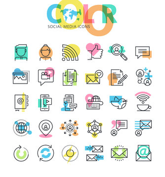 Flat line icons set of social media, networking, internet communication. Modern design icons for web and app design and development.