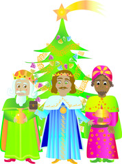 Obraz na płótnie Canvas Los tres Reyes Magos con un árbol de Navidad con la estrella de Oriente, Fondo blanco