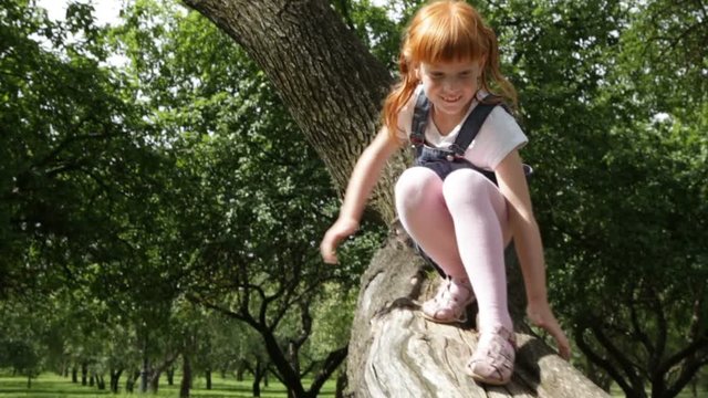 Little ginger girl in a denim dress is climbing down a tree