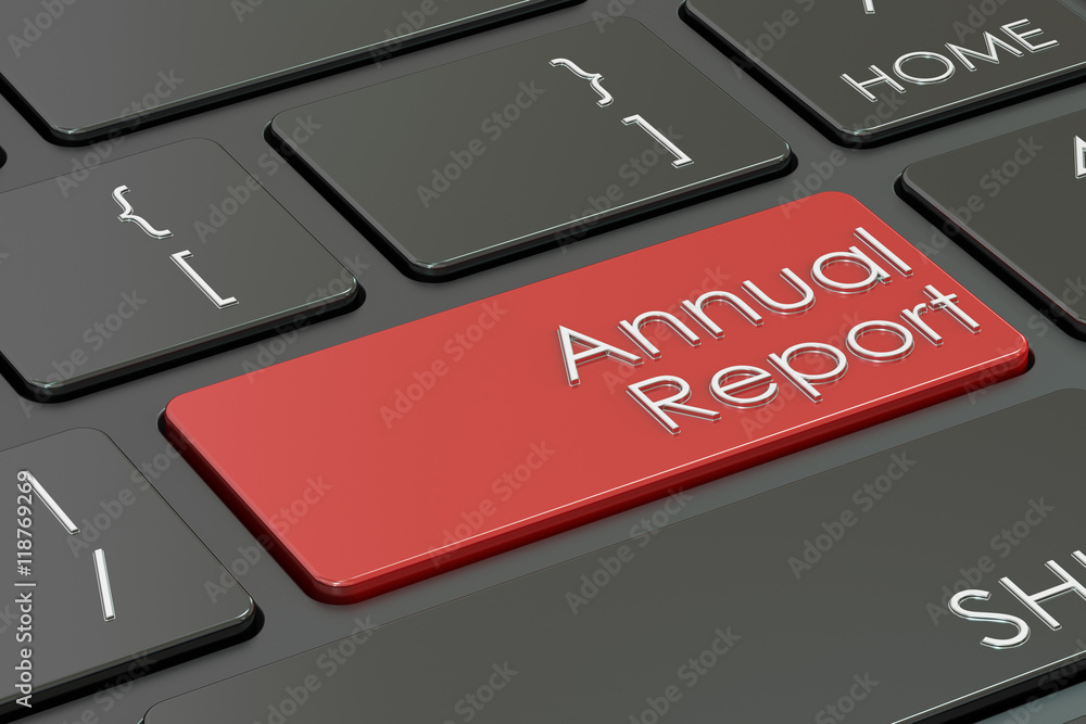 Poster annual report concept, red hot key on keyboard. 3d rendering