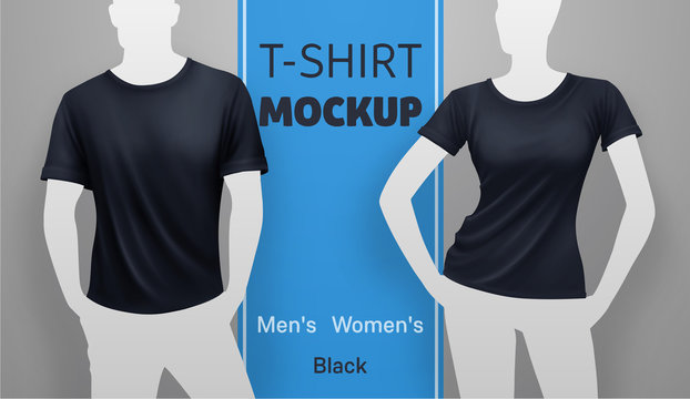 Black men and women t-shirt mockup. Vector realistic illustration