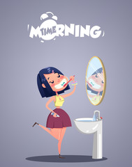 Daily Morning Life. Little girl brushing teeth. Vector illustration