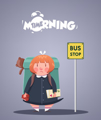 Daily Morning Life. Angry little girl waiting for school bus. Vector illustration