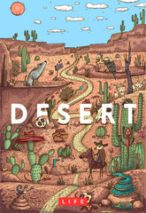 Detailed colorful vector illustration. Wild life in desert with animals, birds and plants