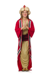 Woman wizard in red clothing isolated on white