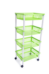 Green bin rack shelf with wheels isolated on white