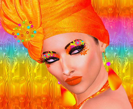 Seductive fashion and beauty image of a woman in a colorful orange outfit with matching accessories, makeup,eye shadow and more. 