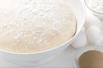 fresh, handmade, uncooked pizza or bread dough in a white bowl with fresh, white, organic eggs, white flour and yeast. close up, horizontal