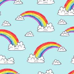 Watercolor rainbows and clouds seamless pattern. Colorful cartoon vector sky background.