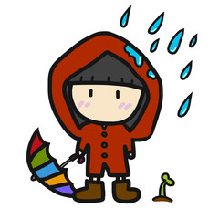 Cute girl in red rain coat illustration