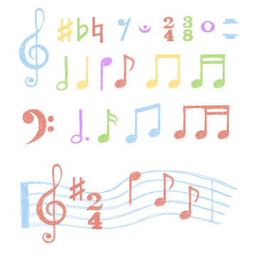 Colorful music notes set. Collection of sketch music symbols isolated on white. Vector illustration.
