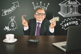 Conceptual image King of Banks. Successful banker holding money