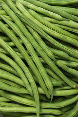 organic, green bush beans for sale at farmer's market, full frame, top view, close up