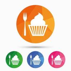 Eat sign icon. Dessert fork with muffin.