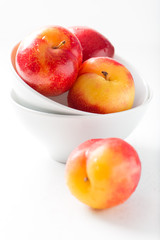 sweet, organic red and yellow plums in a white bowl, isolated on white background, close up, vertical
