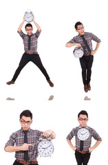 Young man with clock isolated on white