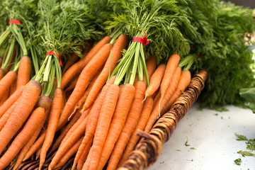 freshly harvested, organic carrots in a basket at farmer's market. horizontal, close up