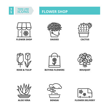 Thin line icons. Flower shop