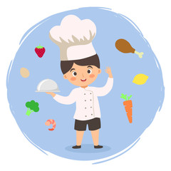 Vector illustration of a boy in chef uniform hat holding food tray surrounded by ingredients