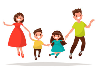 Joyful family is  jumping. Dad mom daughter and son holding hand