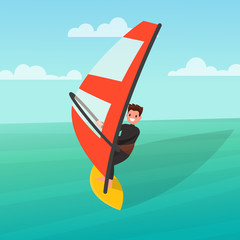 Man is engaged in windsurfing. Vector illustration