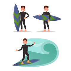 Set man surfer. Posing with surfboard, riding on the waves. Vect