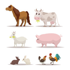 Set of farm animals and birds. Vector illustration