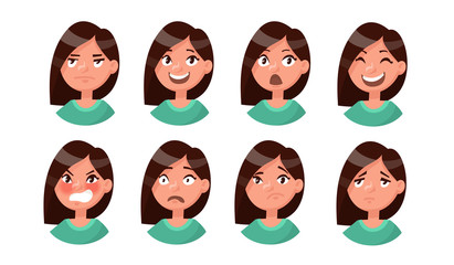 Set of woman's emotions. Facial expression. Girl Avatar. Vector