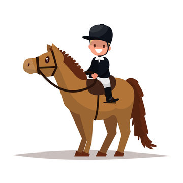 Cheerful boy jockey riding a horse. Vector illustration
