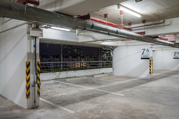 Parking garage interior neon lights at night