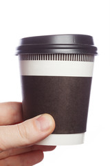 close up coffee cup in hand on isolate background