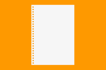 blank notebook paper white isolated on orange background with clipping path.