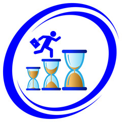Blue outline man with a briefcase running up the stairs of an hourglass on a white background