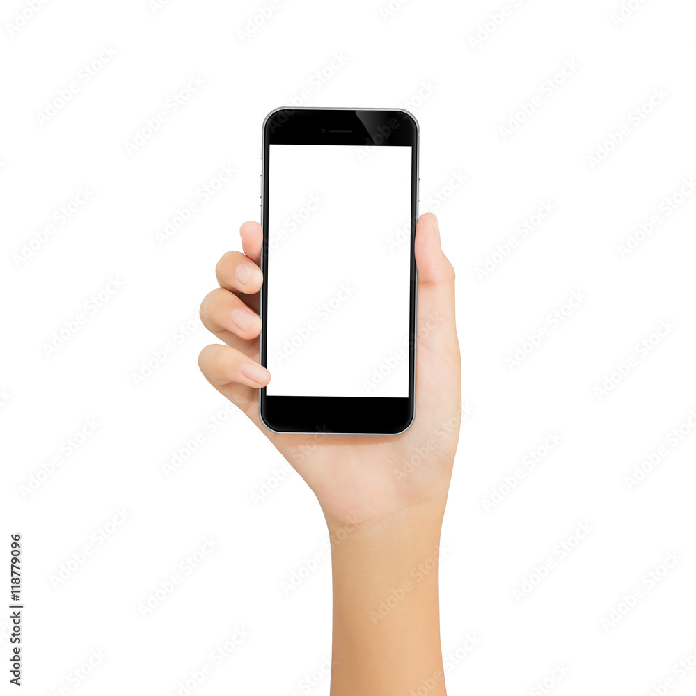 Poster hand use phone mobile isolated with clipping path on white backg