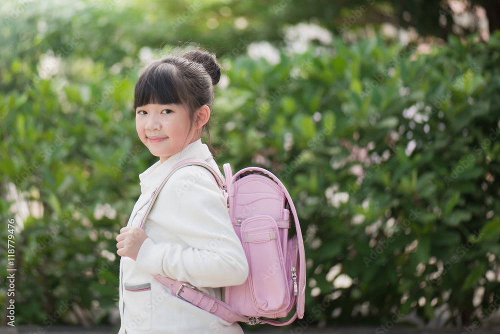 Sticker Asian school girl with pink backpack