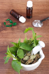 Lemon balm in mortar, stethoscope and medical capsules, choice between pills and alternative medicine