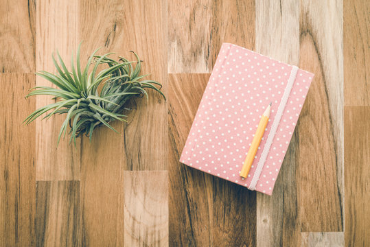 Pink notepad and tillandsia on wooden table top - Vintage filter effect	
