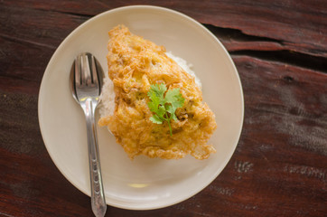 close up omelet on rice