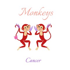 Fototapeta na wymiar Funny horoscope with cute monkeys. Zodiac signs. Cancer. Vector illustration. 