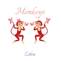 Fototapeta na wymiar Funny horoscope with cute monkeys. Zodiac signs. Libra. Vector illustration. 