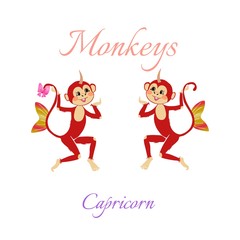 Fototapeta na wymiar Funny horoscope with cute monkeys. Zodiac signs. Capricorn. Vector illustration. 