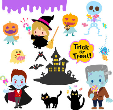 ハロウィンのキャラクターとお菓子のイラストセット