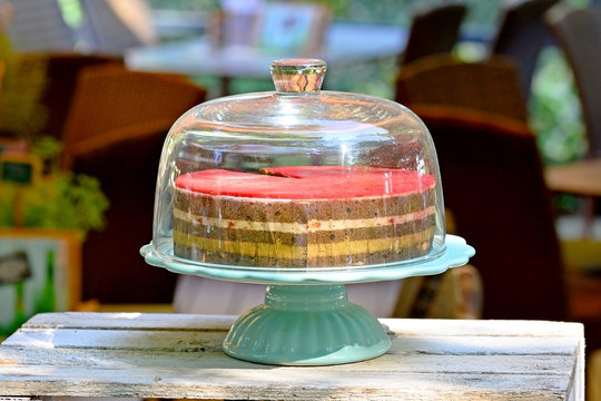 Torte unter einer Glasglocke im Freien