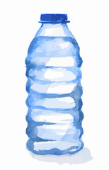 Watercolor plastic bottles. Blue bottle with water standing on white background. Fresh healthy beverage.