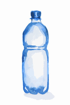 Watercolor plastic bottles. Blue bottle with water standing on white background. Fresh healthy beverage.